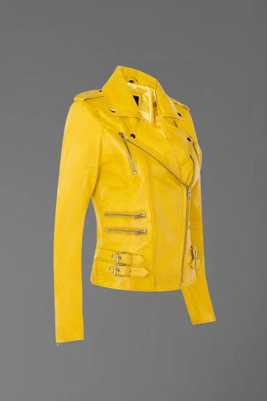 Radiant Edge – Women’s Yellow Leather Biker Jacket
