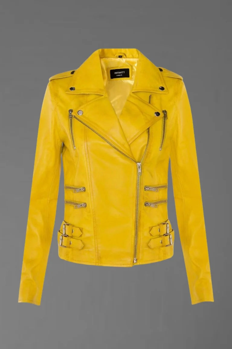 Radiant Edge – Women’s Yellow Leather Biker Jacket