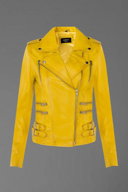 Radiant Edge – Women’s Yellow Leather Biker Jacket