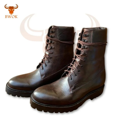 Brown Leather Lace-Up Boots