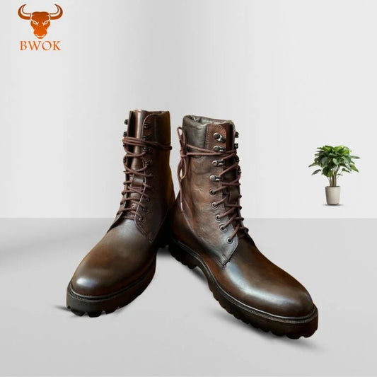 Brown Leather Lace-Up Boots
