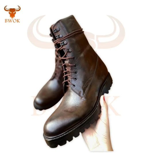 Brown Leather Lace-Up Boots